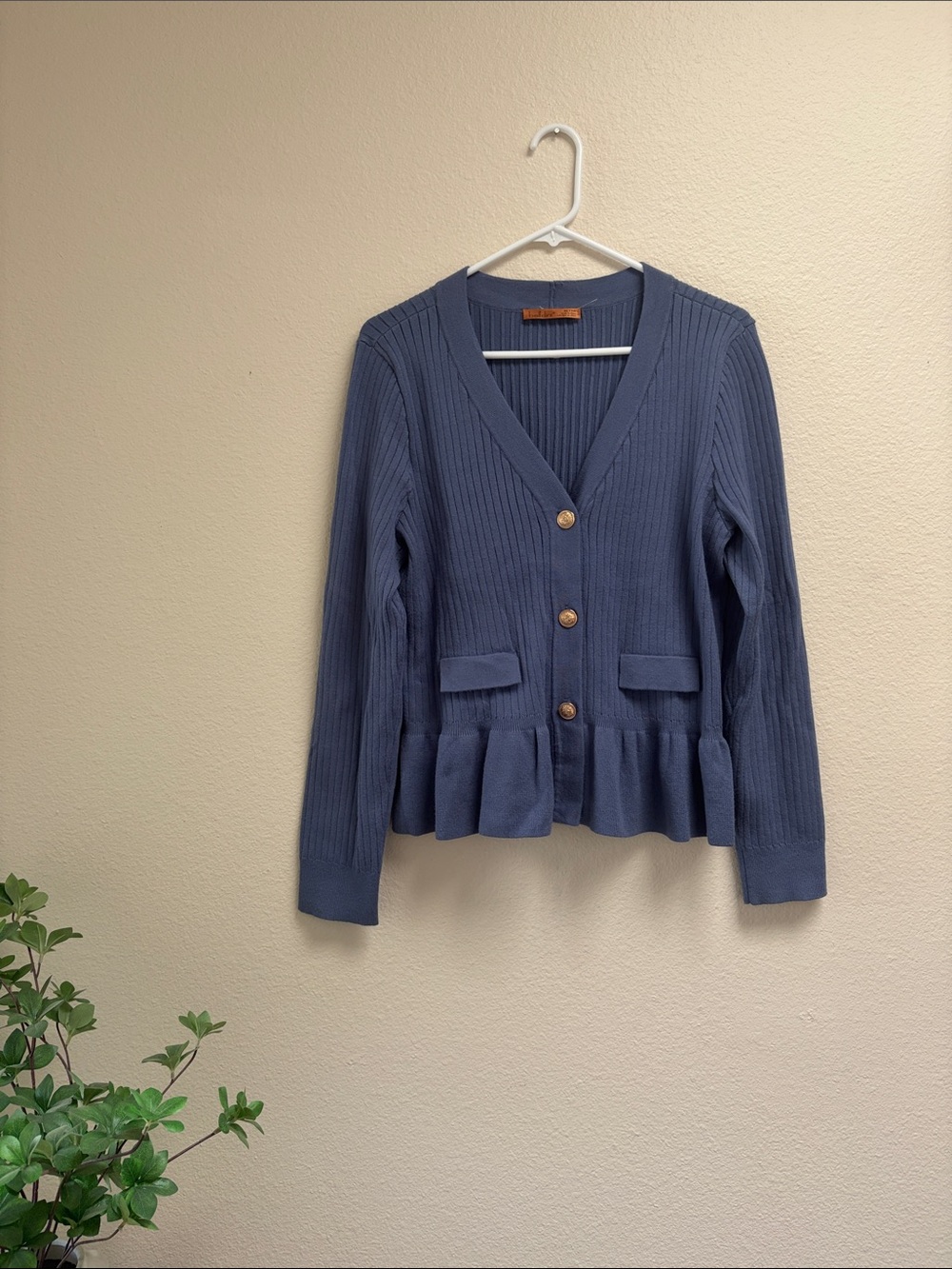 NWOT Belldini Blue Ribbed, Gold Buttons, V-neck Peplum Cardigan Sweater, Size XL